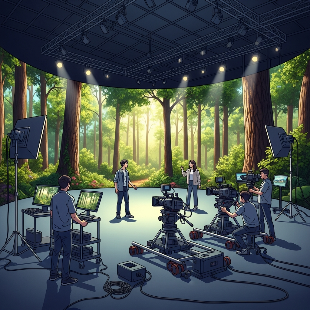 A modern virtual production studio with large LED screens displaying a realistic forest scene. Actors are performing in front of the screens, while a camera crew operates high-tech cameras on dollies. The lighting is dynamic, matching the virtual environment. Korean actors, clean infographic style, no text.