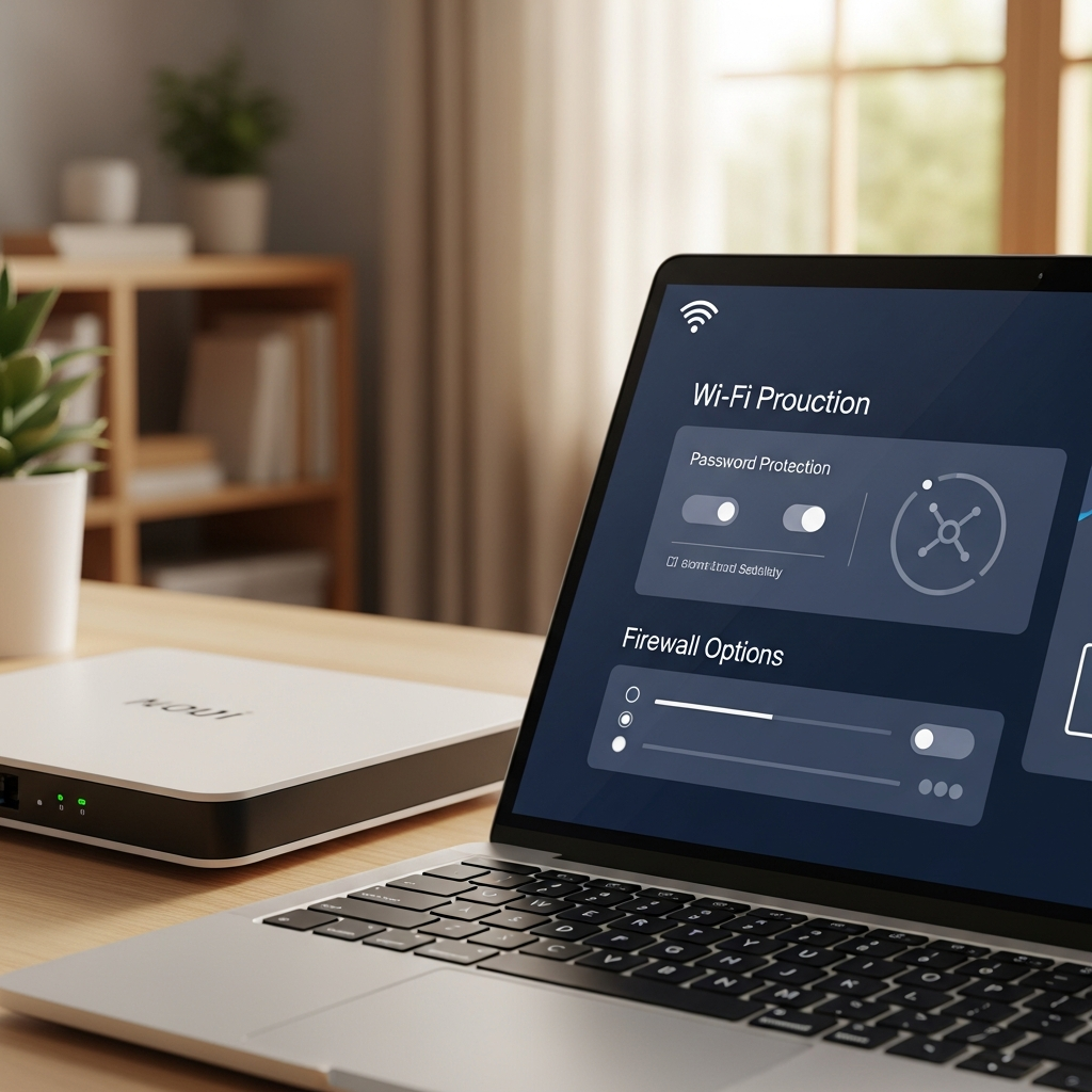 A home wifi router with security settings interface displayed on a laptop screen, showing password protection and firewall options. Clean, modern home office environment with soft lighting. Lifestyle photography. No text.