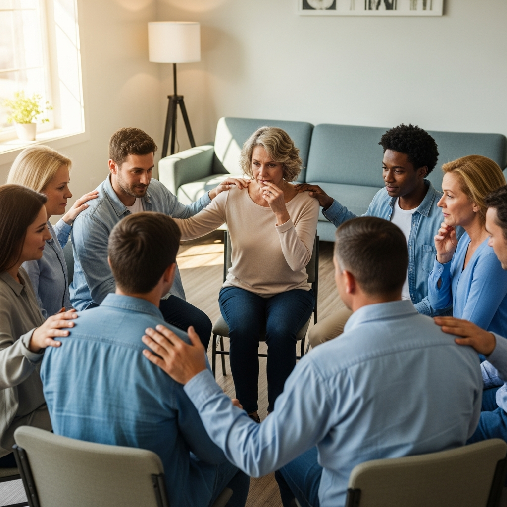 Supportive family members and community workers in circle discussion, representing grief support and community healing. Compassionate atmosphere with natural lighting, showing unity and emotional support. No text.