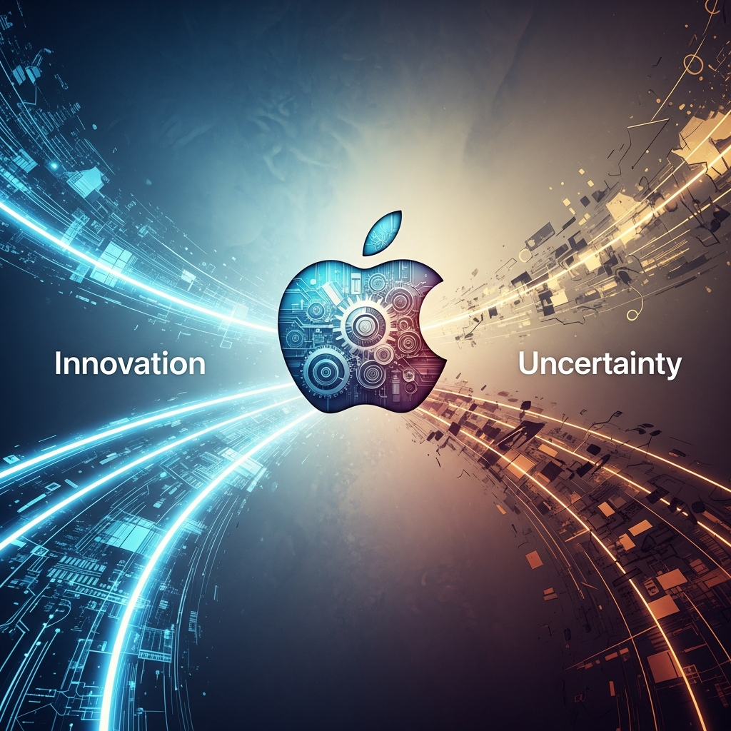 A stylized Apple logo at a crossroads, with one path leading towards innovation and the other towards uncertainty. The logo is slightly translucent, showing subtle internal gears. Style: illustration, artistic rendering, textured background, centered focus, visually rich, no empty margins, colored background.