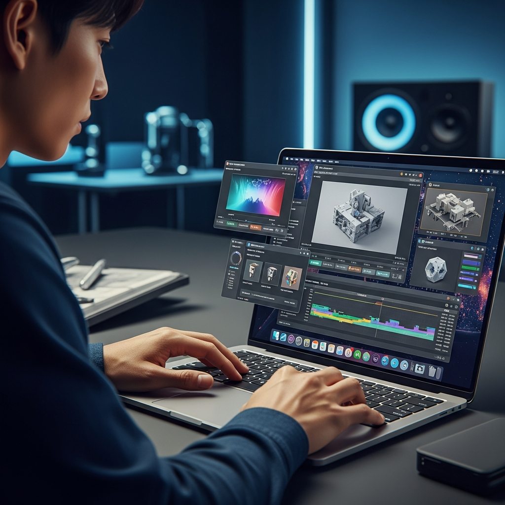 A Korean professional intently working on a 14-inch MacBook Pro, showcasing its powerful M5 chip handling complex tasks like video editing or 3D rendering. The setting is a professional studio with sleek equipment. Emphasize focused work and high performance. Infographic style, high contrast, vibrant colors, no visible text.