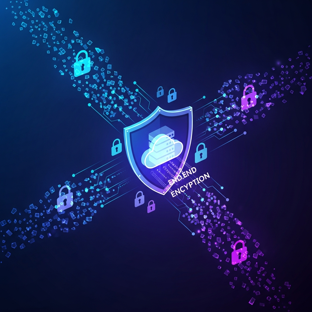 Abstract infographic showing data fragments flowing into a secure, encrypted cloud server, represented by a shield icon. End-to-end encryption emphasized with padlock symbols. Dark blue and purple background, high-tech feel. No visible text.