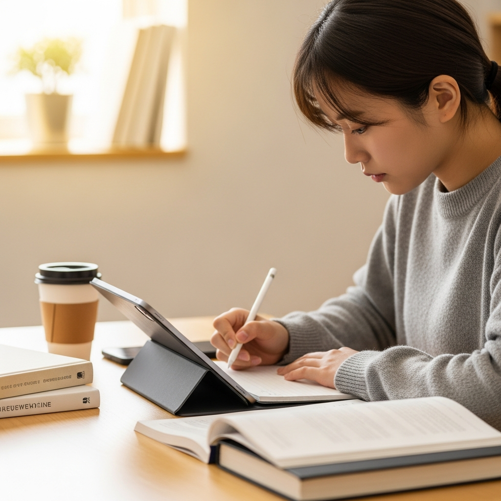 A young Korean student using an iPad with an Apple Pencil to take notes during a lecture, with textbooks and a coffee cup on the desk. The student is focused and the environment is bright and organized. Style: lifestyle photography, warm lighting, natural setting. No visible text in image.