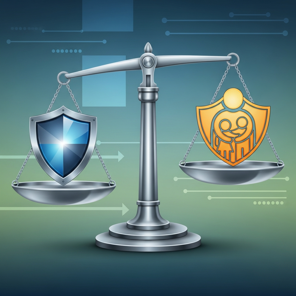 Digital privacy and child safety concept illustration, balanced scale with security shield and family protection symbols, modern infographic style, professional color scheme, no text