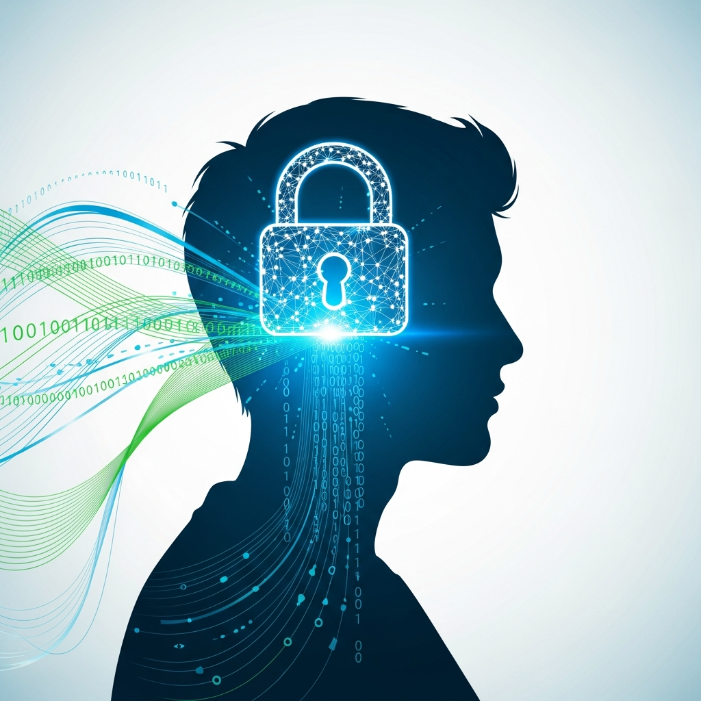 A secure, modern illustration of a person's silhouette with a digital lock icon protecting their head, surrounded by abstract data streams, symbolizing digital identity protection in a connected world. Style: clean infographic with a reassuring green and blue color scheme. No text.
