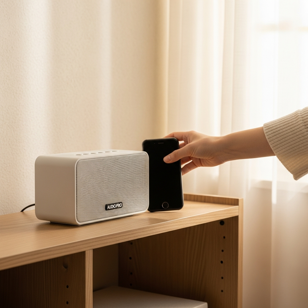 A modern, minimalist lifestyle photography of a compact wireless AirPlay speaker (Audio Pro C10 MKII W style) on a clean wooden shelf in a cozy living room. Soft, warm lighting from a nearby window. A hand is gently placing a smartphone next to it. Korean appearance person. No text. Bright, balanced lighting, natural setting, textured background, centered focus.