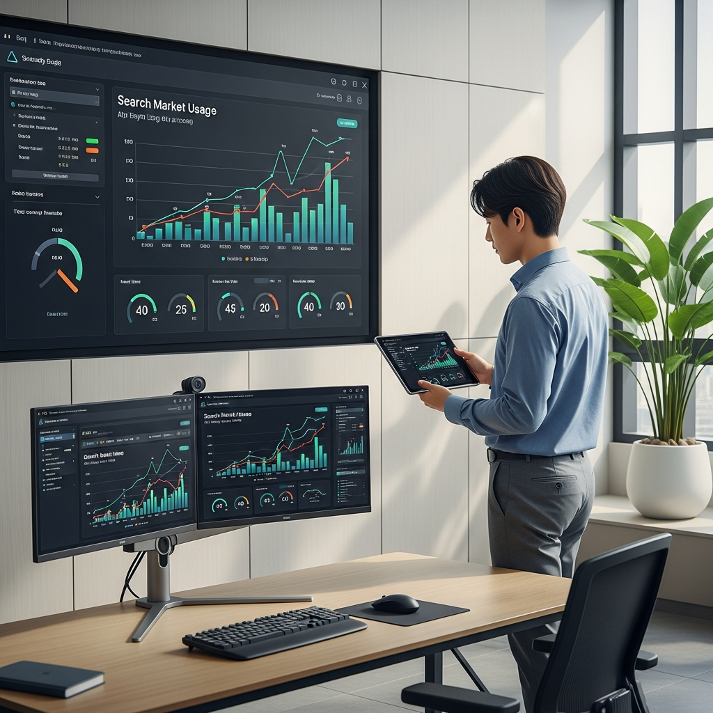 Modern analytics dashboard showing search market trends, colorful data visualization with rising AI search usage, professional Korean analyst reviewing market data, clean office environment, natural lighting, contemporary technology setup, no text