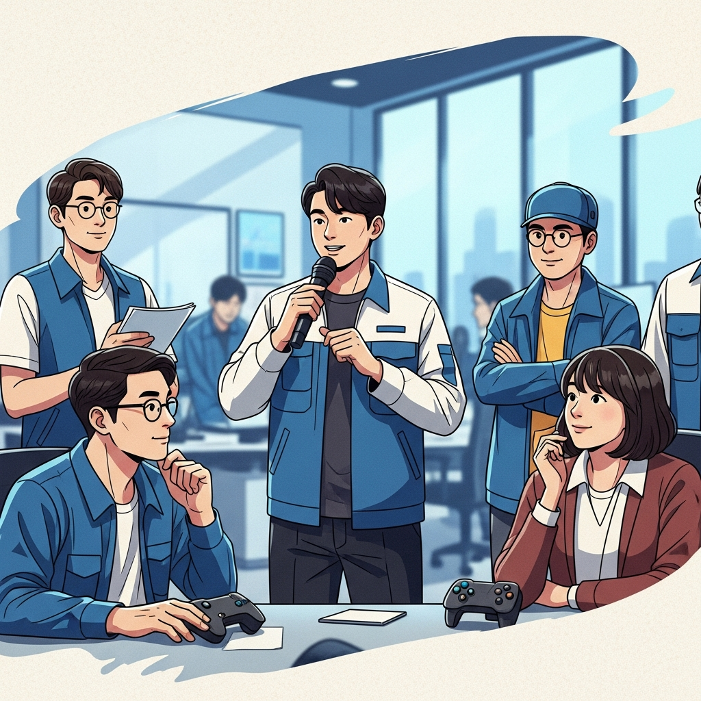 A dynamic illustration showing a diverse group of Korean game developers. One developer is speaking into a microphone, while others are listening attentively and nodding in agreement. The background is a stylized, slightly blurred modern office interior, suggesting a workplace setting. Style: artistic rendering, textured background. No visible text.