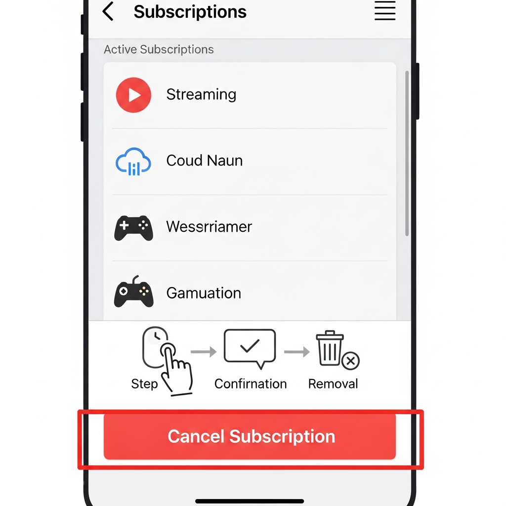An infographic style representation of an App Store screen showing the subscription management interface, highlighting "Cancel Subscription" button with simple icons and clear steps. Clean design, no text.