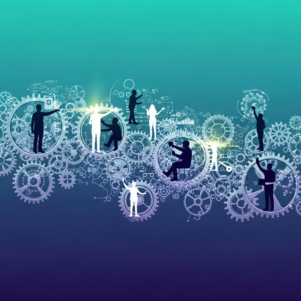A visually rich infographic showing interconnected gears and human silhouettes working together in a harmonious, futuristic setting. The elements symbolize cooperation, innovation, and ethical labor practices within the gaming industry. Style: clean infographic, modern layout, gradient background. No visible text.