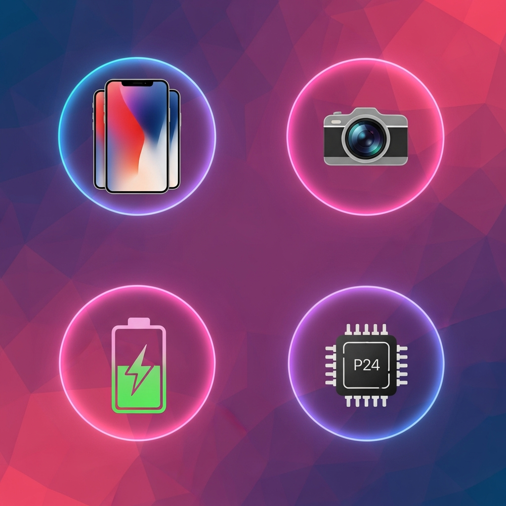 A modern infographic showing four distinct icons representing key iPhone features: a large screen, a high-quality camera lens, a battery symbol with a long charge, and a powerful processor chip. Each icon is surrounded by a glowing aura, set against a vibrant, geometric gradient background. No text, clean layout.