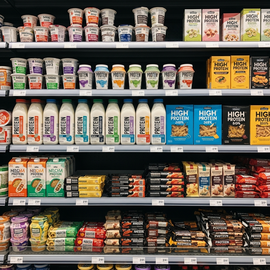 A modern grocery store shelf filled with various high-protein products including yogurt, milk, pasta, and protein bars. Bright retail lighting, colorful packaging with protein labels visible, realistic shopping environment, no text.
