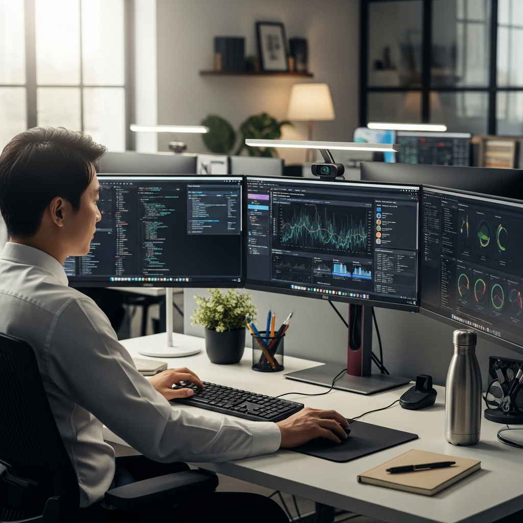 Professional workspace with multiple monitors showing CPU-intensive tasks, modern office environment, focused Korean professional, clean desk setup, natural lighting, productivity atmosphere