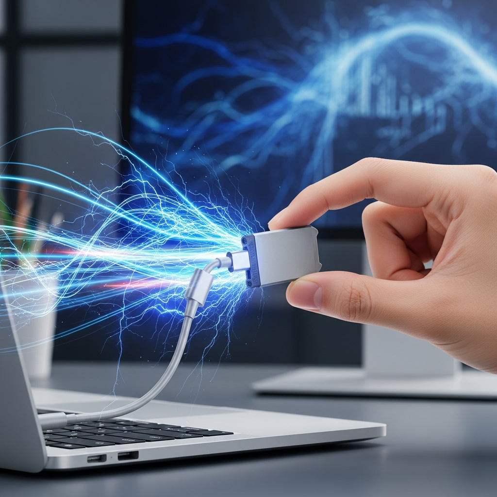 A hand holding a tiny USB-C portable SSD, connected to a laptop. Dynamic lines and light streaks emanate from the SSD, symbolizing high-speed data transfer. The background is a modern workspace with a blurred monitor. Style: clean infographic, modern layout, high contrast. No text.