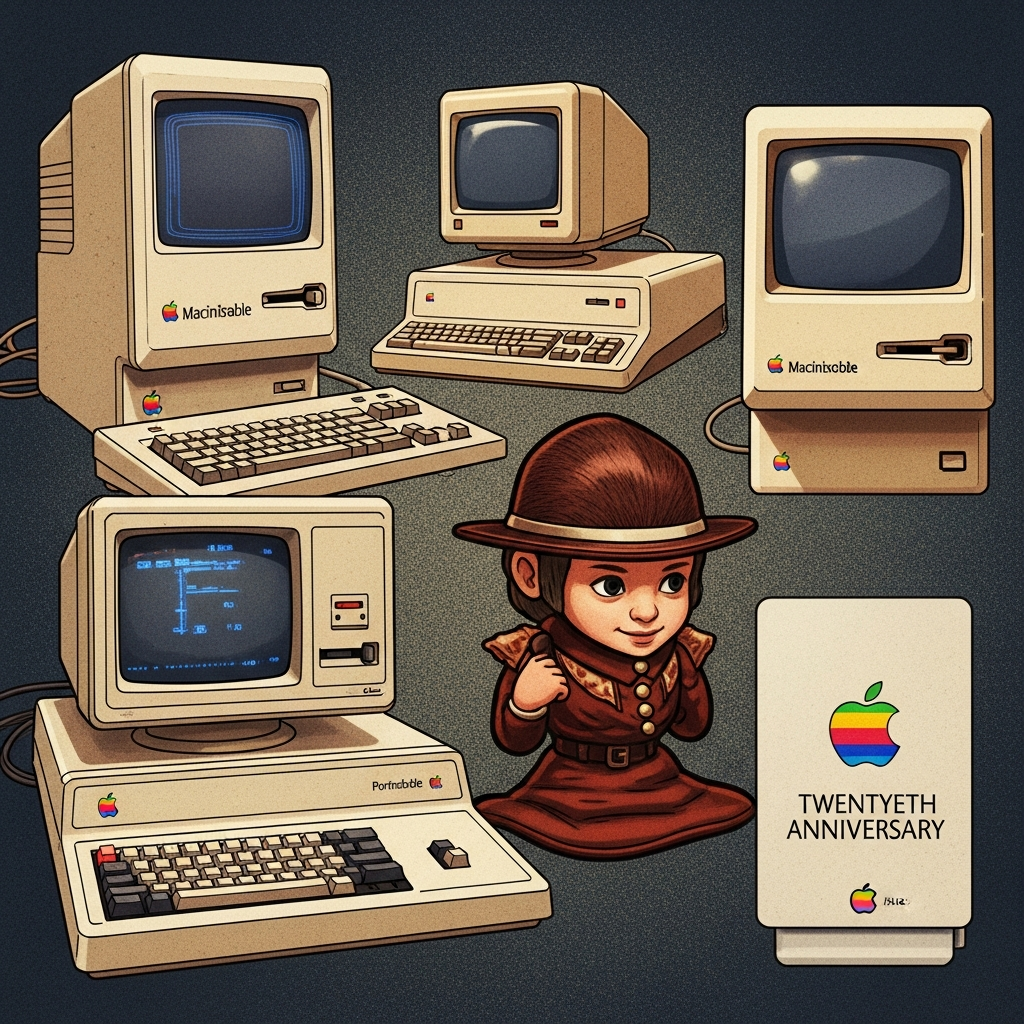 A collage of vintage Apple computers known for their high prices, including the Macintosh Portable, Lisa, and Twentieth Anniversary Mac. The style is an artistic rendering with a slightly grainy, nostalgic texture and rich, warm colors. Style: illustration, artistic rendering, textured background. No visible text. No empty margins, full frame.