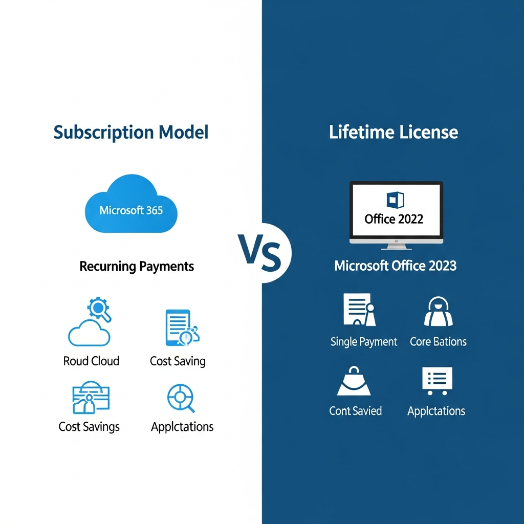 A clean infographic illustrating the comparison between a subscription model (like Microsoft 365) and a lifetime license (like Microsoft Office 2021). One side shows recurring payments and cloud features, the other shows a single payment and core applications, highlighting cost savings and long-term value. Use modern layout, high contrast, colored background. No visible text in image. Style: clean infographic.