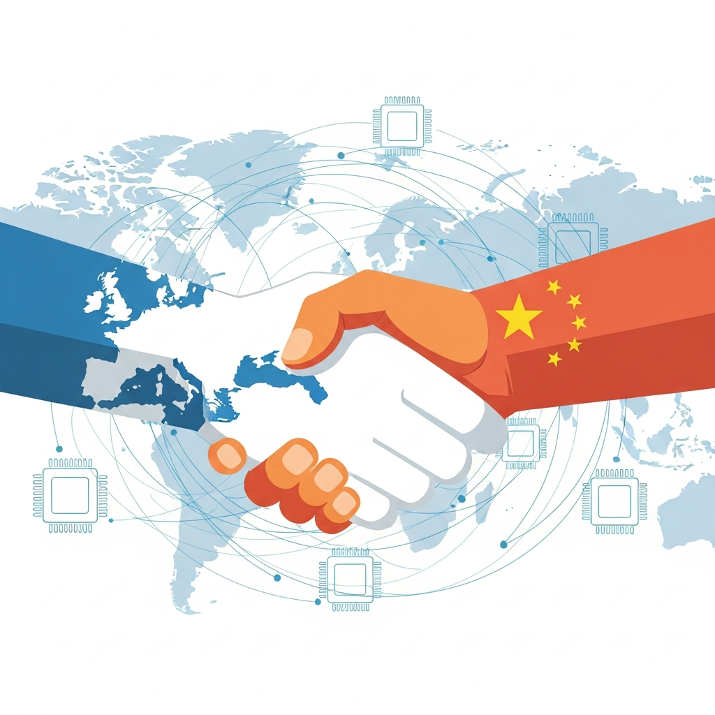 Two hands, one from Europe and one from China, shaking hands against a subtle backdrop of global trade routes and semiconductor chips. Illustrate cooperation and agreement. Style: clean infographic, modern layout. No text.