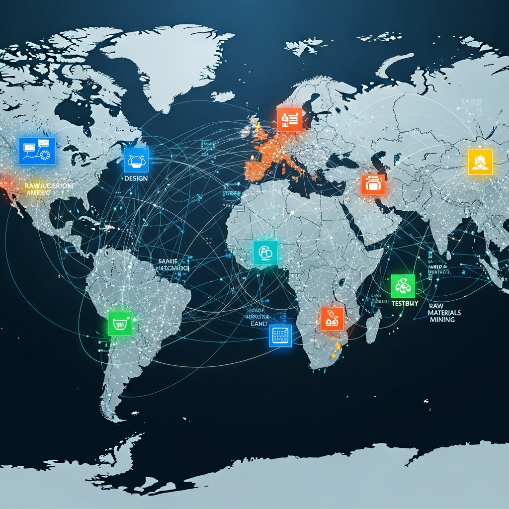 Complex global semiconductor supply chain network, illustrating connections between different countries and industries. Emphasize the flow of chips and materials with subtle lines and glowing nodes. Style: modern infographic, high contrast. No text.