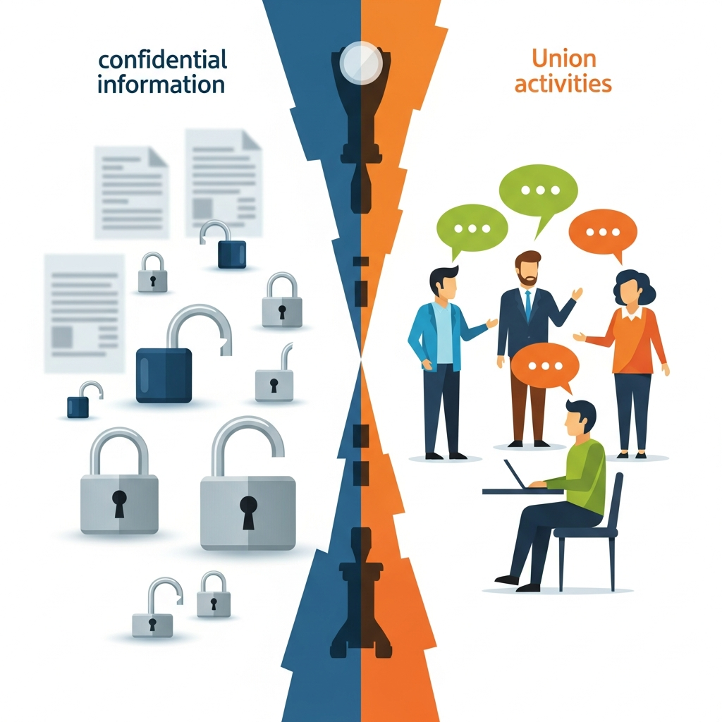 A complex infographic illustration with two distinct sides. One side shows blurred documents and padlocks, representing "confidential information." The other side shows stylized figures speaking together with speech bubbles, representing "union activities." A central, abstract barrier divides them. Style: modern layout, high contrast. No visible text.