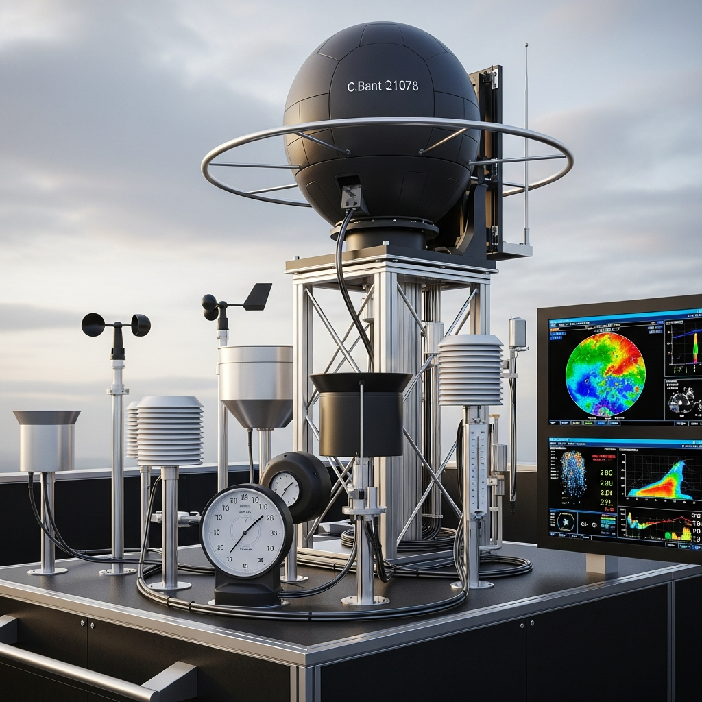 Modern weather monitoring station with radar equipment and meteorological instruments measuring atmospheric conditions, high-tech scientific setup with digital displays showing weather patterns, no text in image.