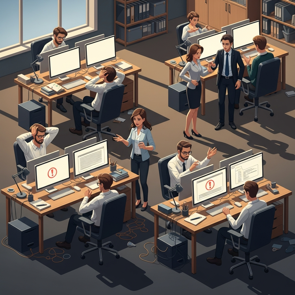 clean infographic, modern layout, high contrast. A corporate office setting with frustrated employees looking at blank or error-filled computer screens. The scene conveys a sense of urgency and system outage. Warm lighting, detailed but not too busy, no text.