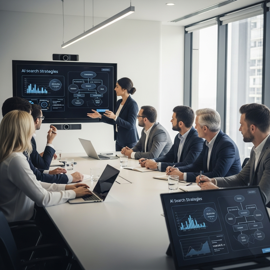 Corporate marketing team meeting discussing AI search strategies, diverse professionals around modern conference table, digital presentations on screens, contemporary office setting, natural lighting, collaborative atmosphere, no text