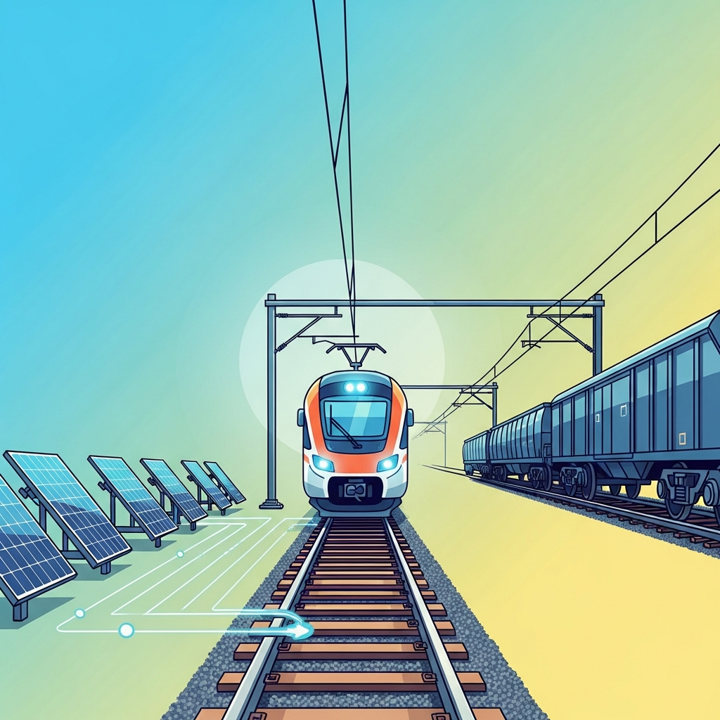 A modern, clean infographic illustrating various aspects of future train electrification technologies. Show solar panels connected to tracks, electric trains running on overhead lines, and independent freight wagons. Use a bright, balanced lighting with a colored gradient background. No visible text.