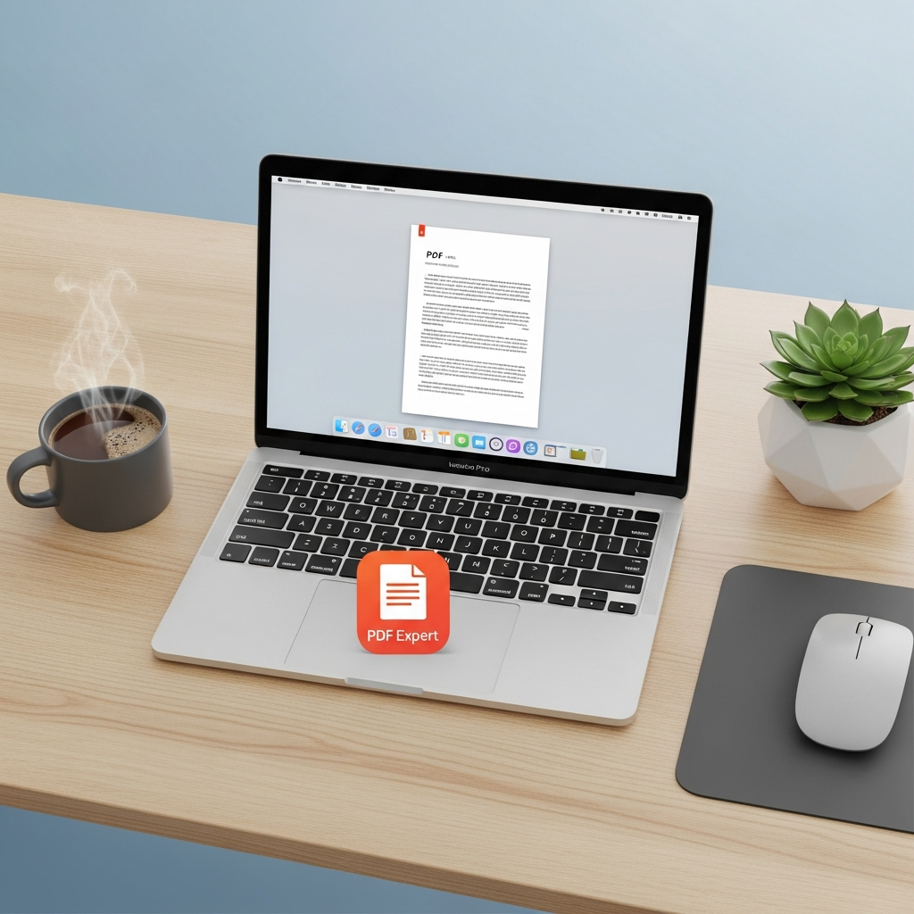A modern and organized desk setup with a MacBook displaying a clean PDF document and the PDF Expert app icon prominently. Bright, balanced lighting, lifestyle photography, colored background, no text.