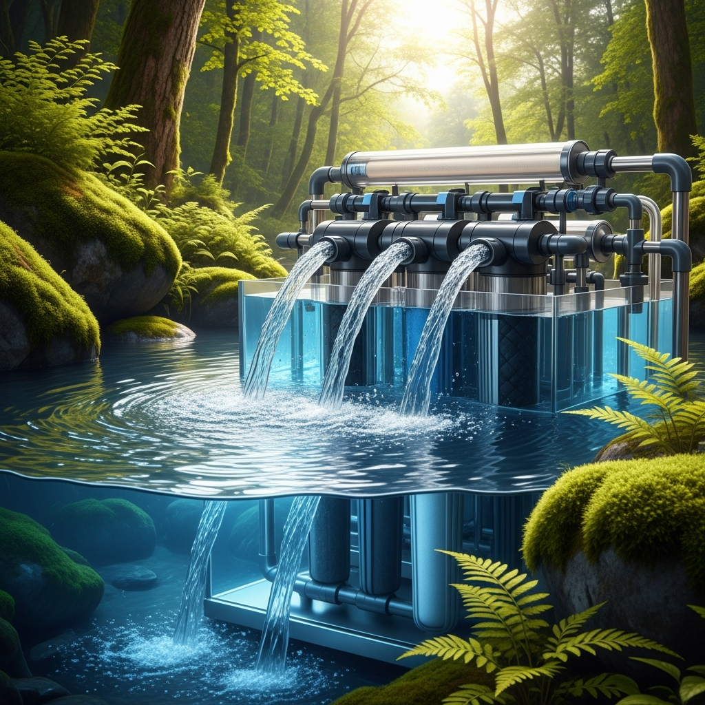 Crystal clear water flowing through modern filtration system, pristine natural environment, clean technology success, environmental protection concept, bright natural lighting, hope and sustainability theme, no text