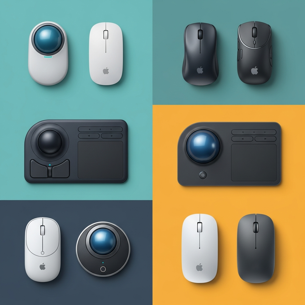 A collection of various Mac-compatible mice, trackpads, and trackballs laid out on a modern desk, clean infographic, modern layout, high contrast, balanced lighting, colored background, no text.