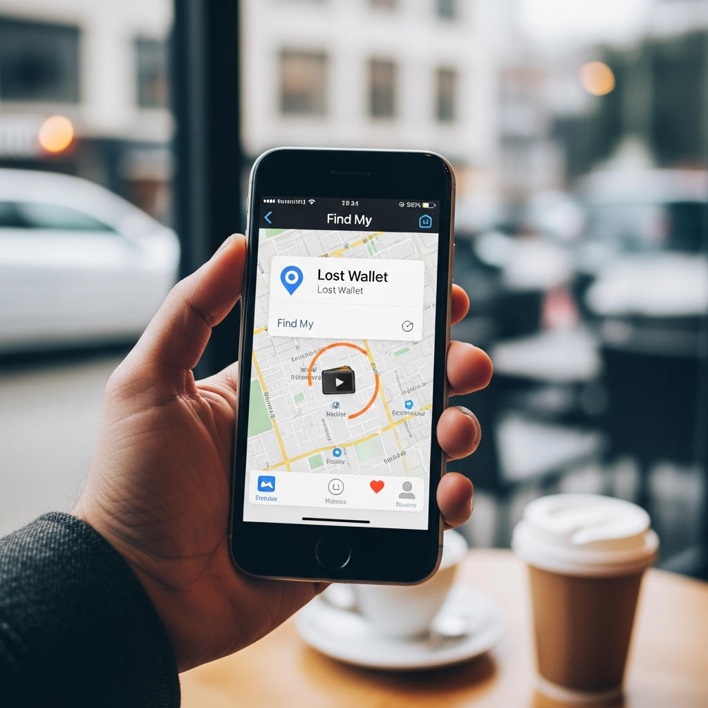 A close-up of a person's hand holding an iPhone displaying the Apple Find My app interface, showing a map with a pinpoint location for a lost wallet. The background is a blurred cityscape or cafe. Style: clean infographic, modern layout, high contrast, colored background, no visible text.
