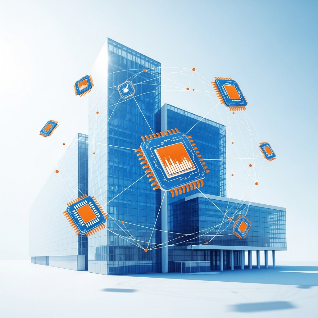 Modern government building in Netherlands with semiconductor chip icons floating around, representing government control over technology companies, clean infographic style with blue and orange colors, professional lighting, no text
