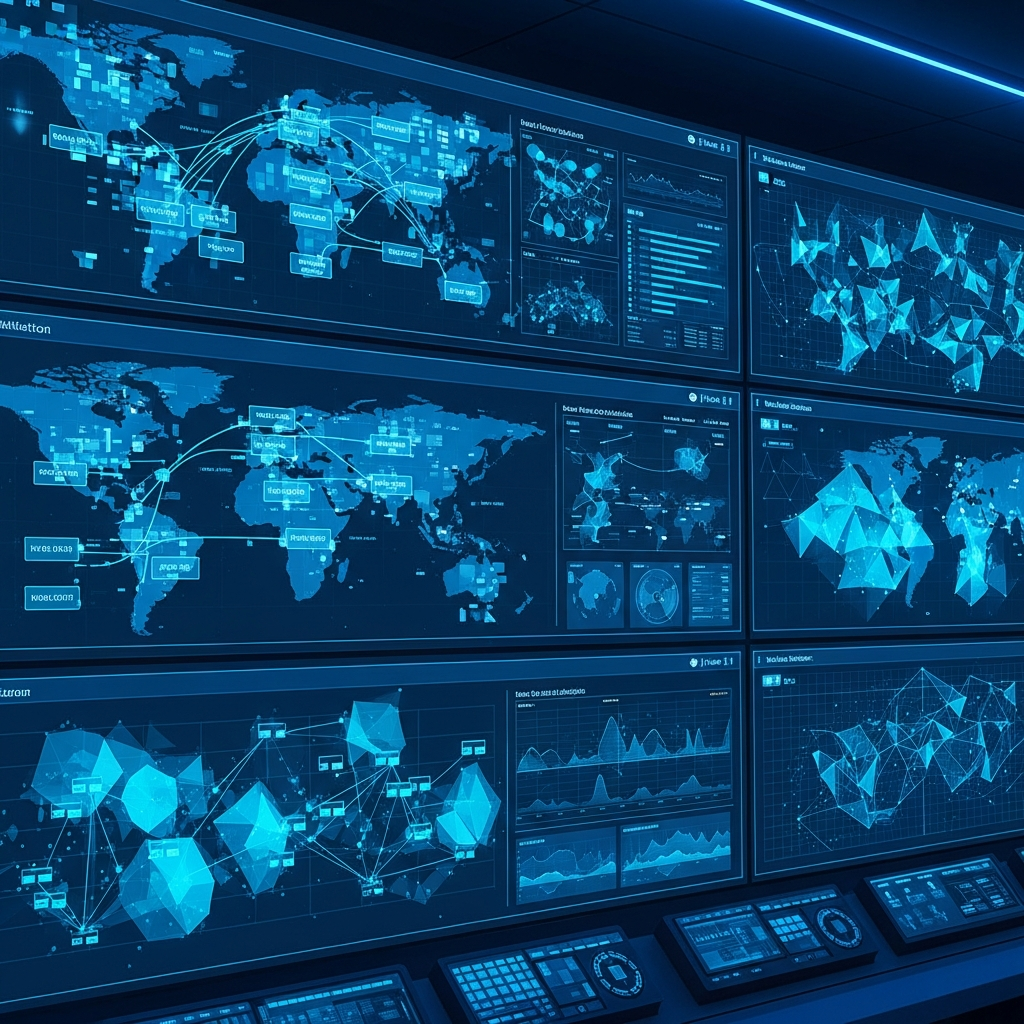 A sophisticated network monitoring system showing IP addresses, data flows, and security protocols on multiple screens. High-tech cybersecurity command center with blue lighting. Clean infographic style. No text.