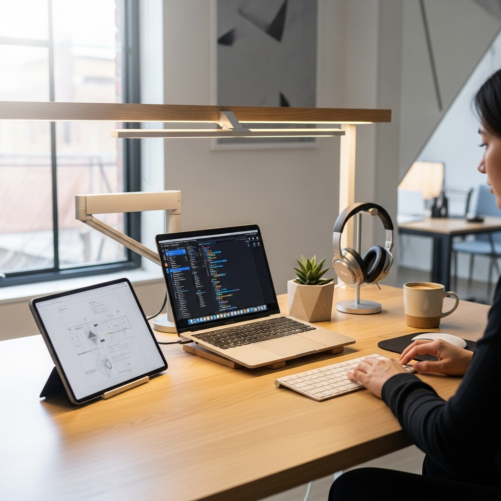 A modern, minimalist workspace with a person focused on their laptop and tablet, surrounded by various tech accessories. The desk is clean and organized, with natural light streaming in from a window. Soft, warm lighting, showcasing productivity and efficiency. No text.