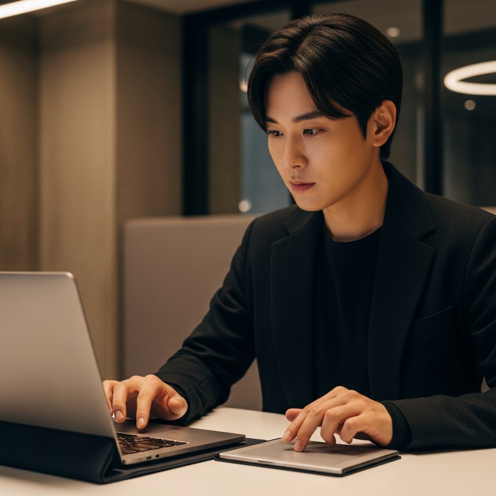 A Korean person working efficiently on a laptop with an external trackpad, showing smooth gestures. The setting is a modern, clean office space with warm, balanced lighting and a textured background. Style: lifestyle photography. No visible text in image.