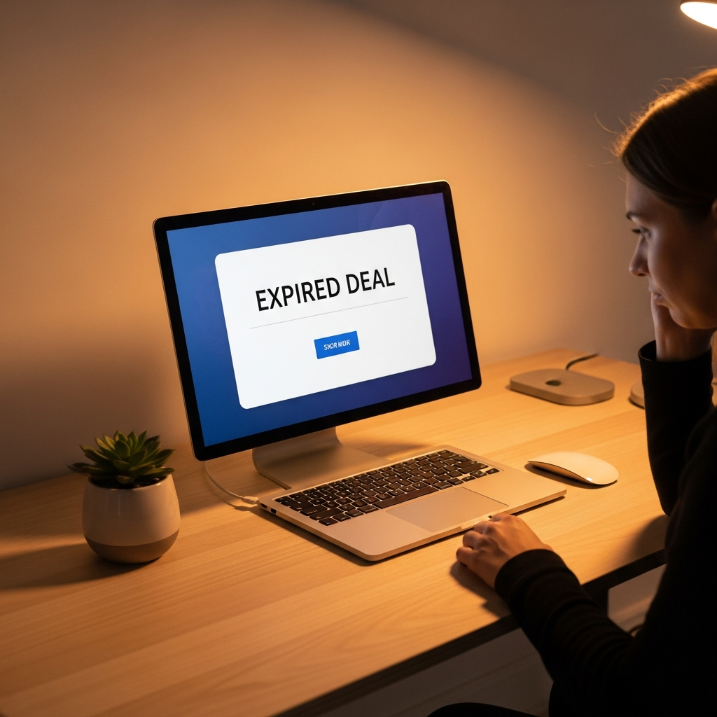 A person looking wistfully at a calendar or a computer screen showing an "Expired Deal" notification for a MacBook Pro. The setting is a cozy, modern desk with a subtle, warm gradient background. Style: lifestyle photography, warm lighting. No text.