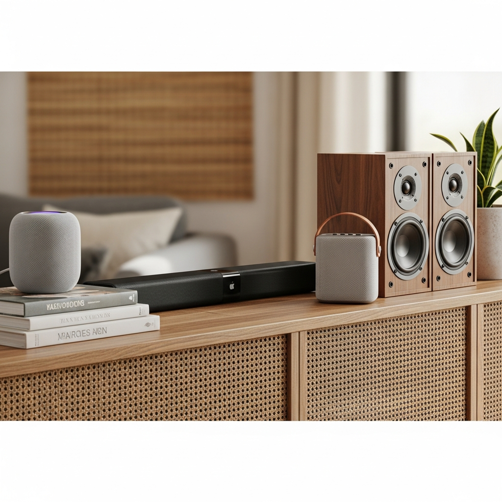 A visually rich infographic or lifestyle photo showcasing several different AirPlay speakers (e.g., Apple HomePod mini, a soundbar, a portable speaker, a bookshelf speaker) arranged aesthetically on a shelf or table in a cozy home setting. Bright, balanced lighting, textured background. No text.