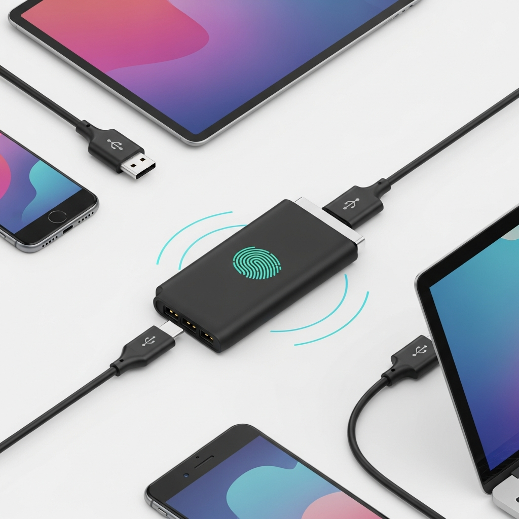 A fingerprint-enabled USB-C portable SSD connected to various devices via USB-C cables, including a smartphone, a tablet, and a laptop. The connections are seamless, highlighting universal compatibility. The background is a gradient of tech-inspired colors. Style: clean infographic, modern layout, high contrast. No text.