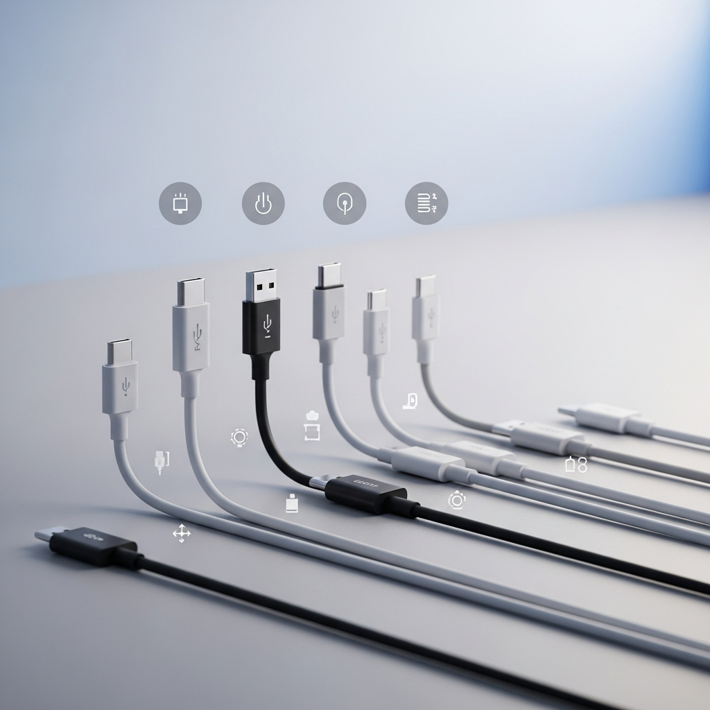 A modern, clean infographic showing various USB-C cables neatly arranged on a table. The cables have different colors and lengths, with subtle icons indicating charging and data transfer capabilities. The background is a soft gradient, and the lighting is bright and balanced. No text. No visible UI elements.