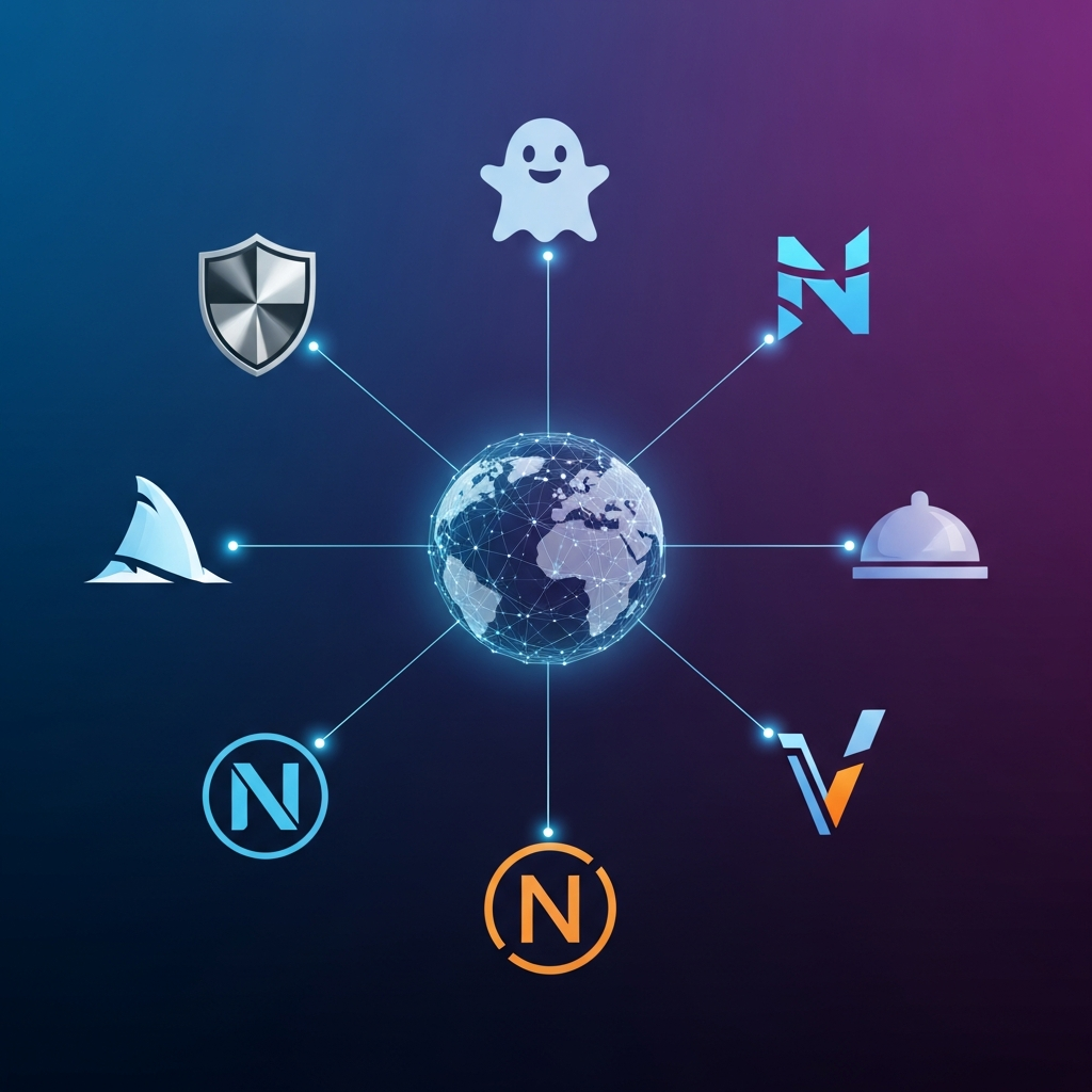 A clean infographic showing multiple stylized VPN service logos (e.g., a shield, a ghost, a shark fin) connected by secure lines to a central globe, representing global access and security. The design should be modern and high-contrast with a gradient background. No visible text in image.