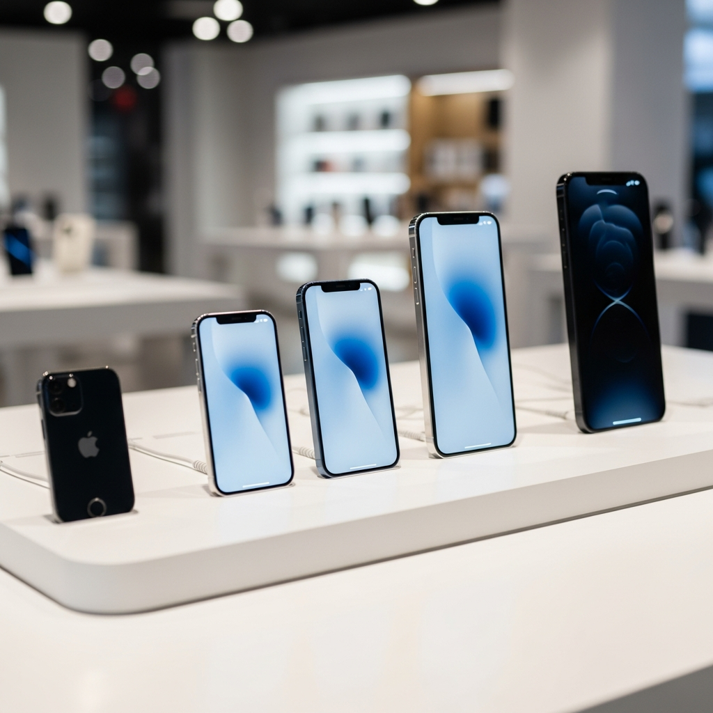 Multiple iPhone models arranged in a clean display showing different generations, modern tech store setting, bright even lighting, sleek presentation, no text