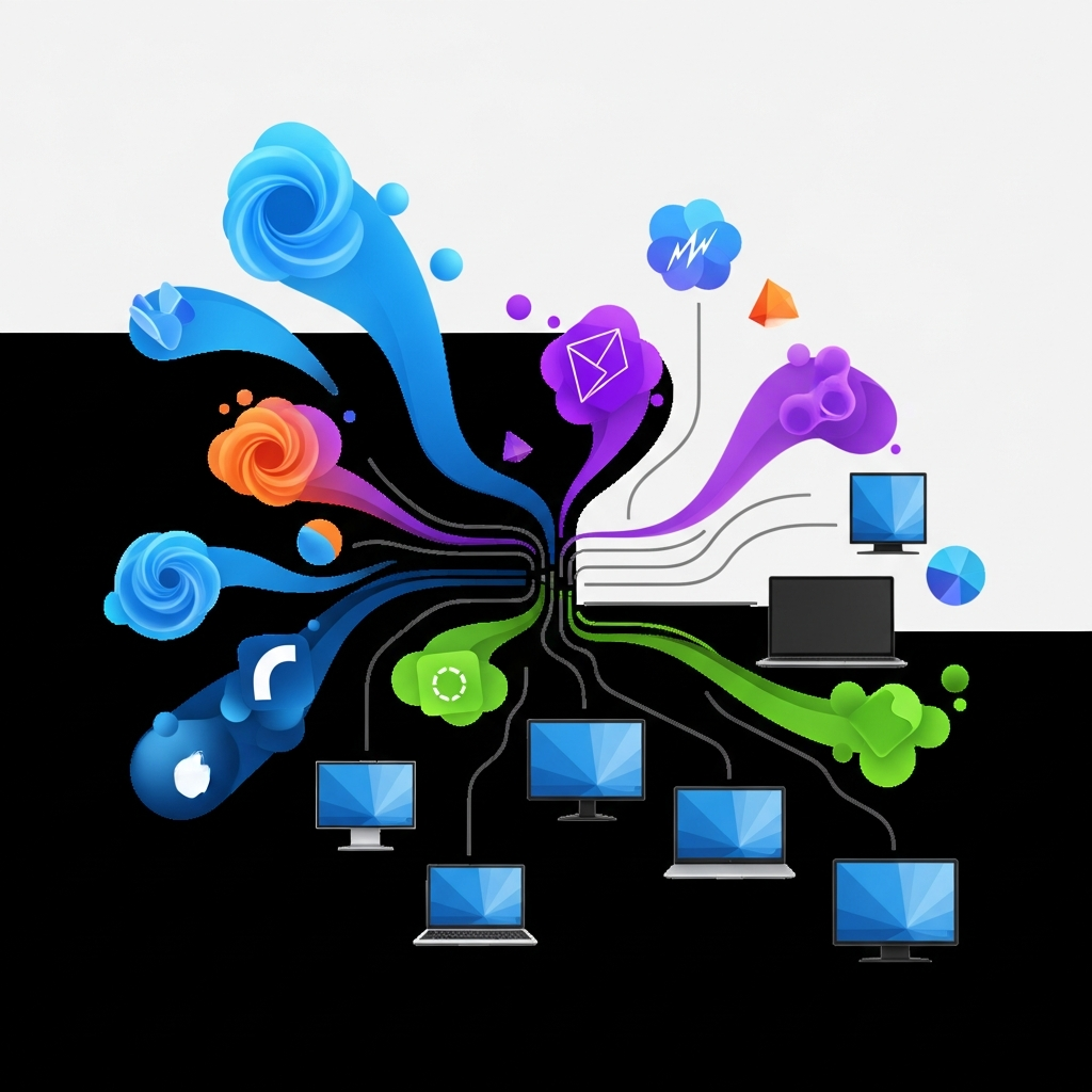 clean infographic, modern layout, high contrast, showing various macOS versions as abstract icons flowing into different Mac models, with a central theme of compatibility. No text, vibrant colors, dynamic flow.