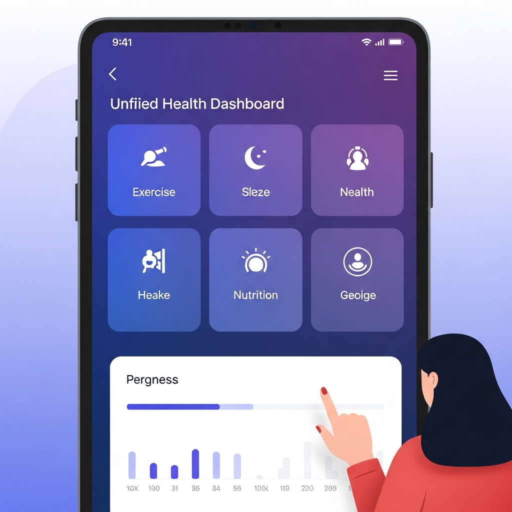 Modern clean infographic showing a unified health dashboard on a tablet or large smartphone screen. Sections for exercise, sleep, nutrition, and general health metrics are clearly laid out with simple, intuitive icons. A progress bar or chart indicates personalized insights. Gradient background, high contrast. No text. A Korean person is interacting with the screen.