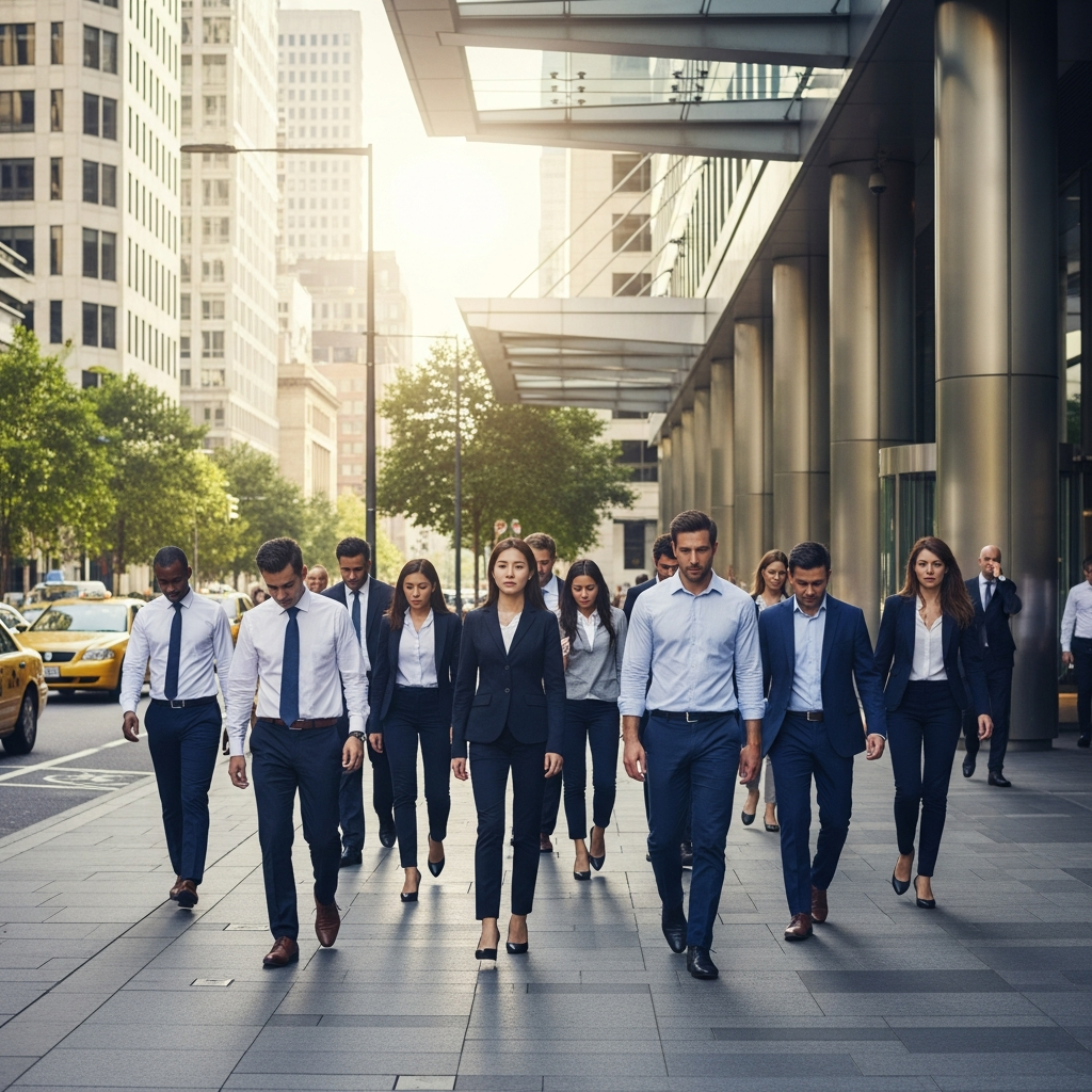 Diverse group of business customers and partners walking away from a corporate building, showing disappointment and concern. Urban business district setting with natural daylight, realistic lifestyle photography. No text.
