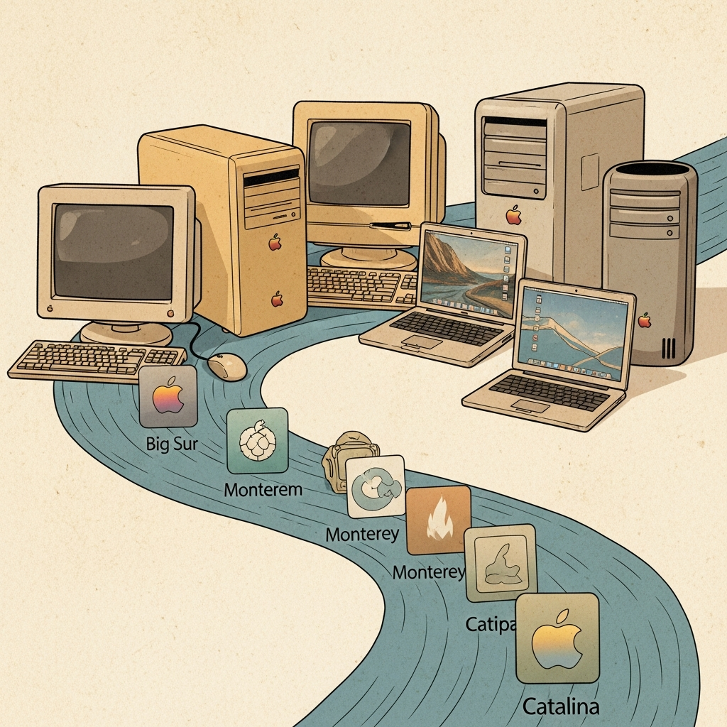 illustration, artistic rendering, textured background, showing a collection of vintage Mac models (like early iMacs, MacBooks, and Mac Pros) arranged around a timeline or stream of older macOS version icons (like Big Sur, Monterey, Catalina). The style is nostalgic and artistic, no text, warm earthy tones.