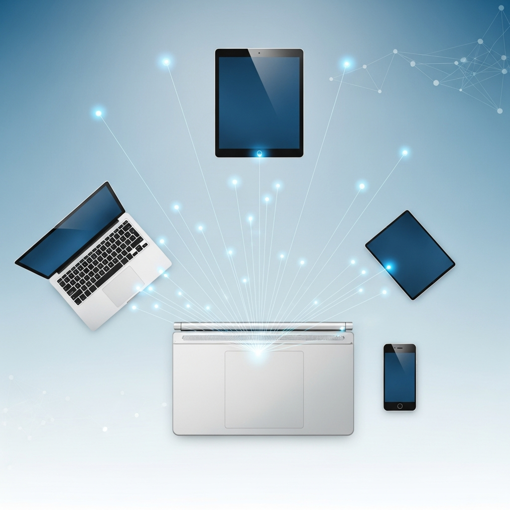 Multiple devices (laptop, tablet, smartphone) wirelessly connected to a sleek, modern trackpad. The connections are subtly illustrated with light lines or glows. The background is a gradient, showing connectivity and efficiency. Style: clean infographic. No visible text in image.