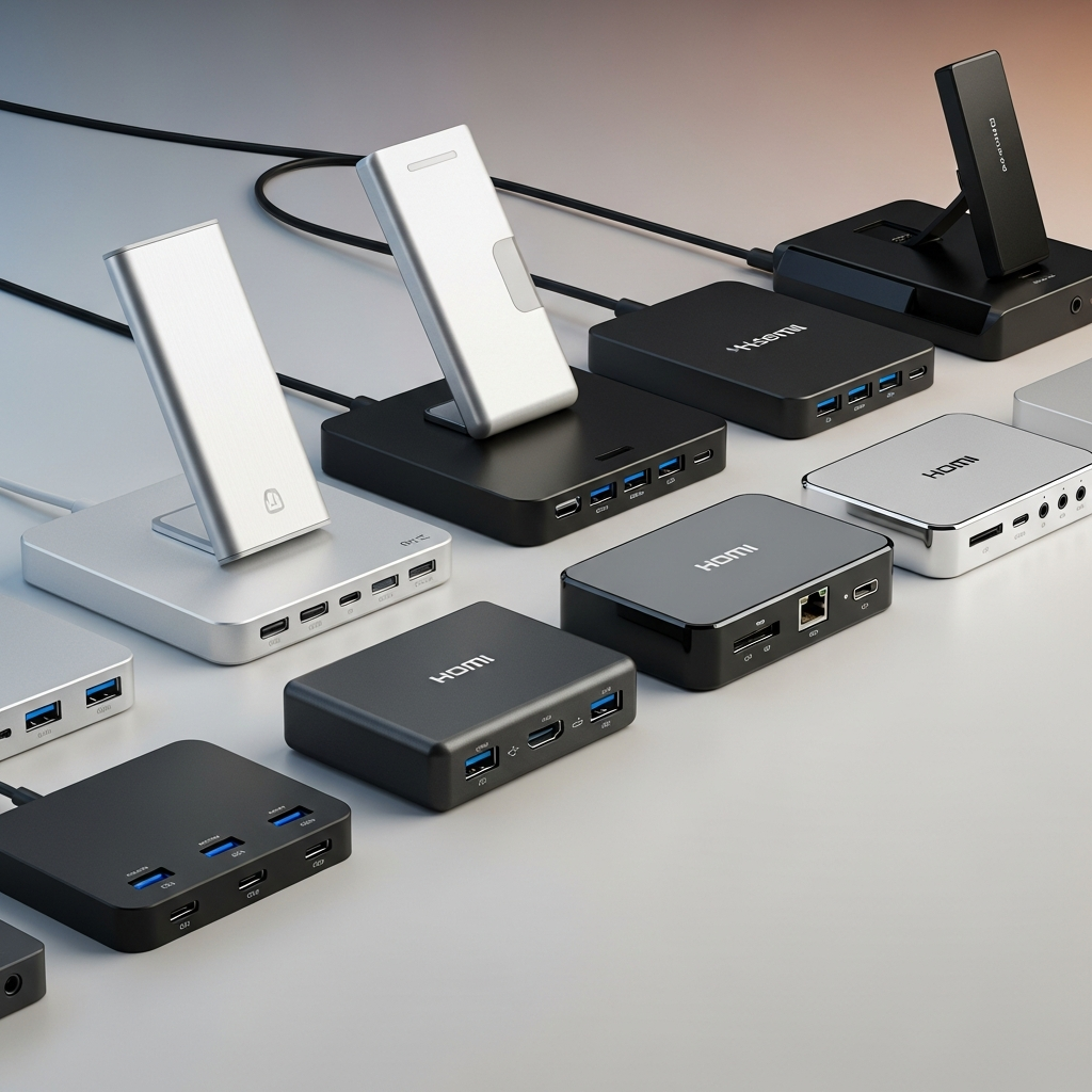 Several modern docking stations arranged on a clean surface showing different designs and port configurations, professional product photography style with soft lighting and colored background.