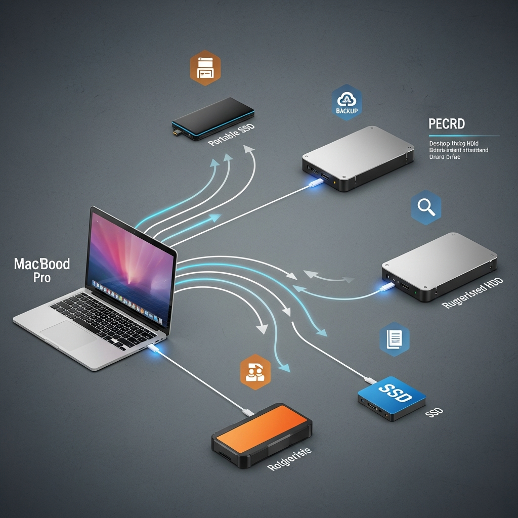 clean infographic, modern layout, high contrast, showing various external hard drives connected to a MacBook, with data flowing. Textured background.