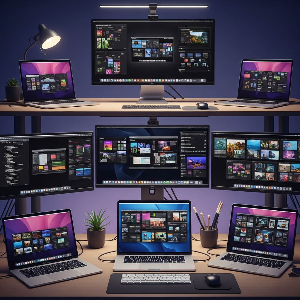 Multiple MacBook models (Air and Pro) connected to various external monitors in a modern office setup, showing different screen configurations, professional lighting, no visible text.
