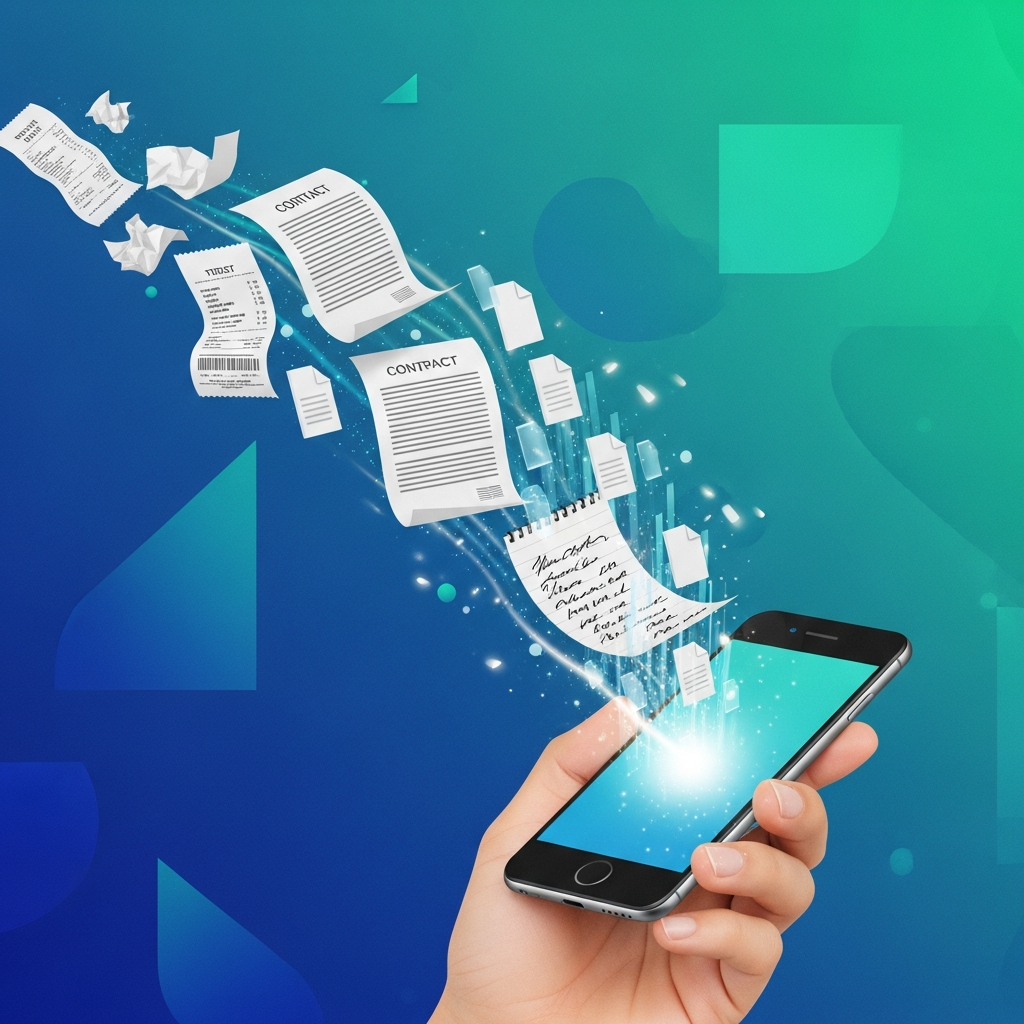 A stylized illustration showing various physical documents (receipts, contracts, handwritten notes) transforming into digital files on a smartphone screen. The smartphone is held by a Korean hand, with a vibrant, textured background. Emphasize smooth conversion and modern technology. No visible text, clean infographic style.